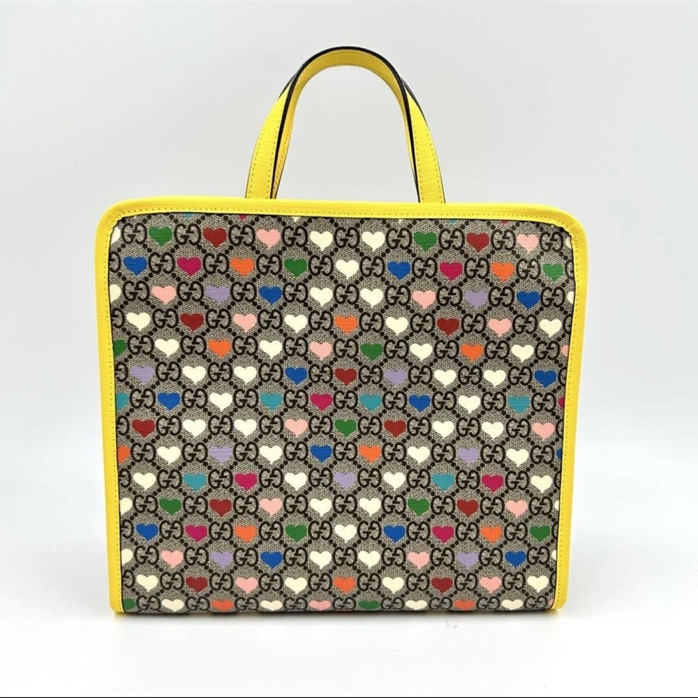 Gucci GG Supreme Heart Pattern Tote with Yellow Trim